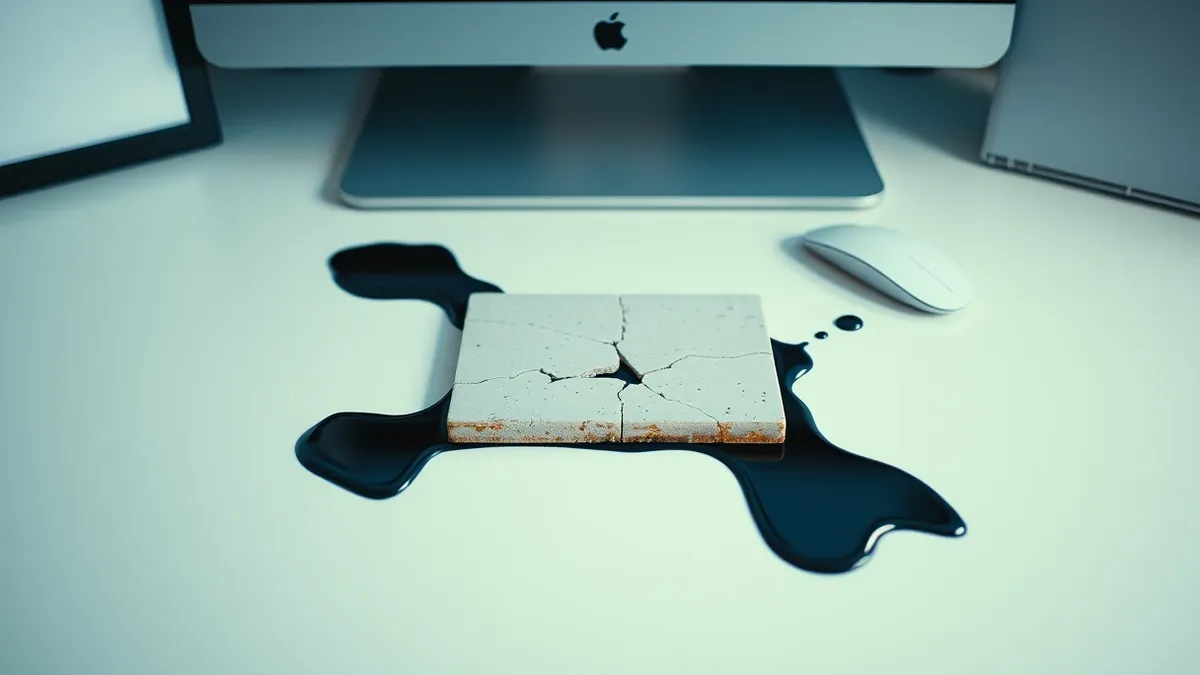 Illustration: A cracked ceramic tile sits on a clean white desk, leaking dark ink that spreads across the surface.