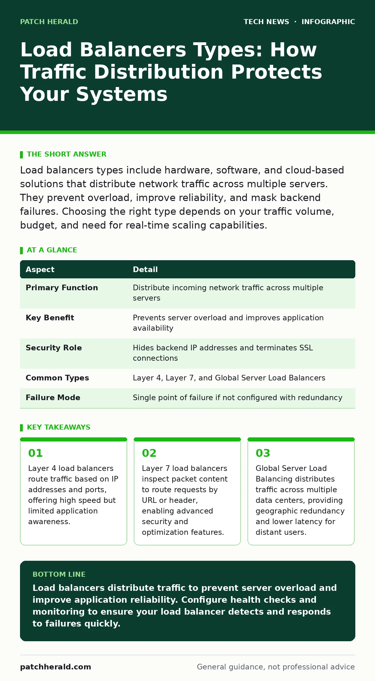Infographic: Load Balancers Types: How Traffic Distribution Protects Your Systems. Layer 4 load balancers route traffic based on IP addresses and ports, offering high speed but limited application awareness. Layer 7 load balancers inspect packet content to route requests by URL or header, enabling a