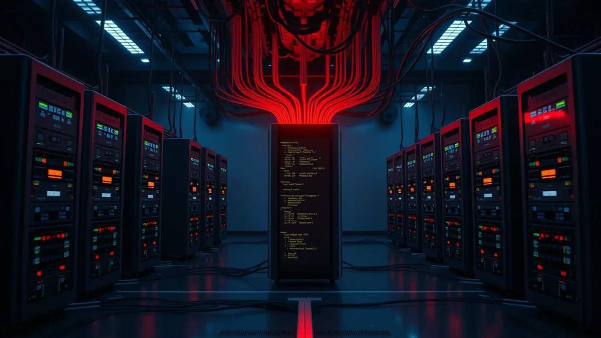 Illustration: A central traffic router directs multiple colored data streams into separate identical computer towers.