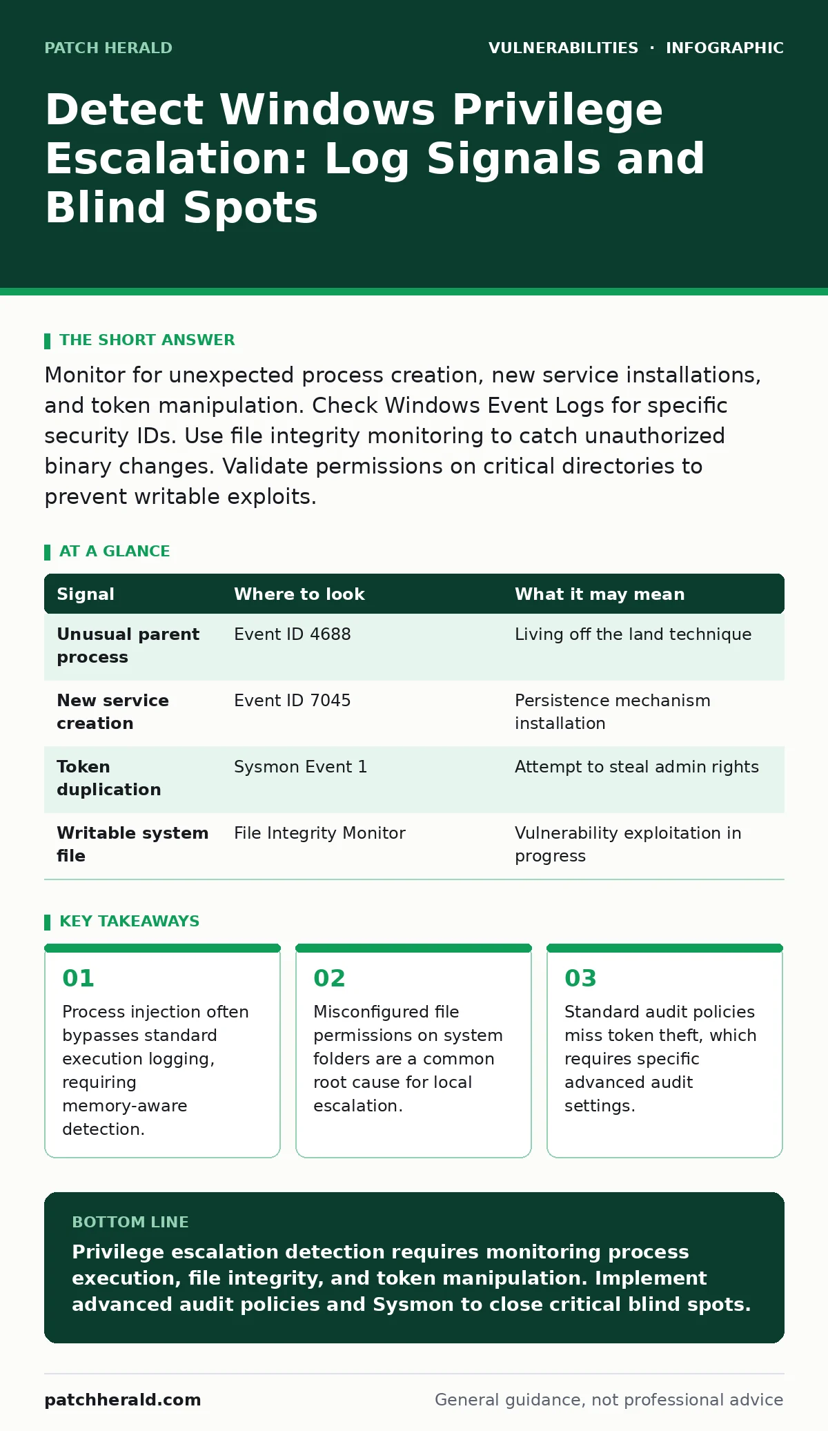 Infographic: Detect Windows Privilege Escalation: Log Signals and Blind Spots. Process injection often bypasses standard execution logging, requiring memory-aware detection. Misconfigured file permissions on system folders are a common root cause for local escalation. Standard audit policies miss to
