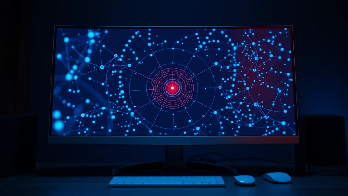 Illustration: A sleek silver monitor sits on a dark desk, displaying a complex network of abstract blue nodes and connecting lines.