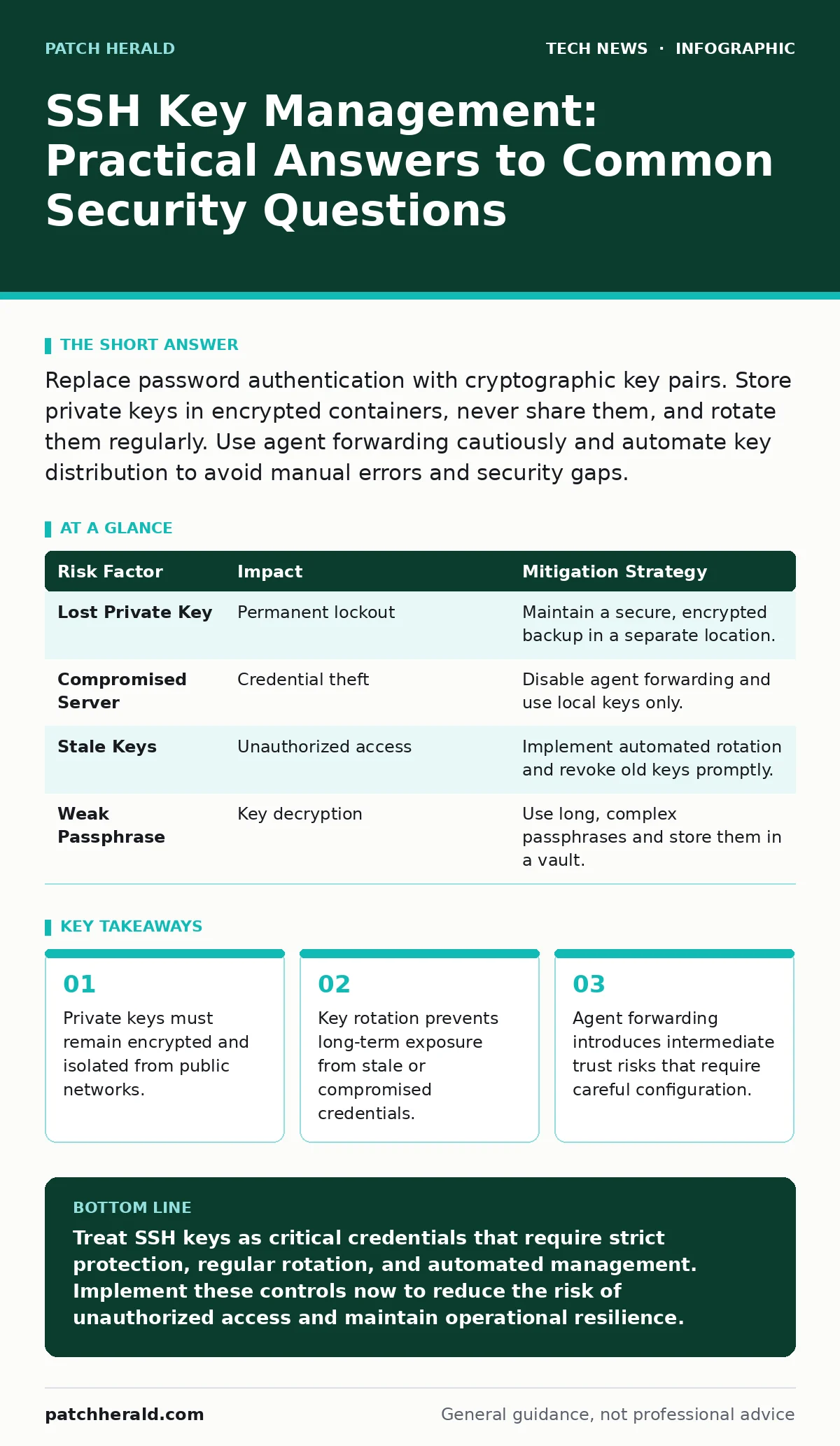Infographic: SSH Key Management: Practical Answers to Common Security Questions. Private keys must remain encrypted and isolated from public networks. Key rotation prevents long-term exposure from stale or compromised credentials. Agent forwarding introduces intermediate trust risks that require car