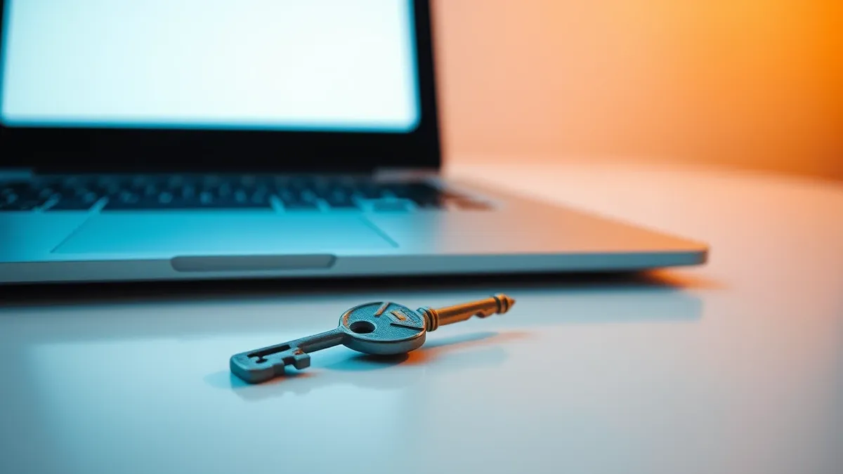 Illustration: A single metallic key rests on a clean white surface next to a modern laptop with a blank screen.