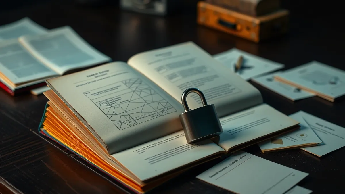 Illustration: A thick, colorful book with a rainbow spine sits open on a dark wooden desk, its blank pages revealing intricate, interlocking geometric patterns.