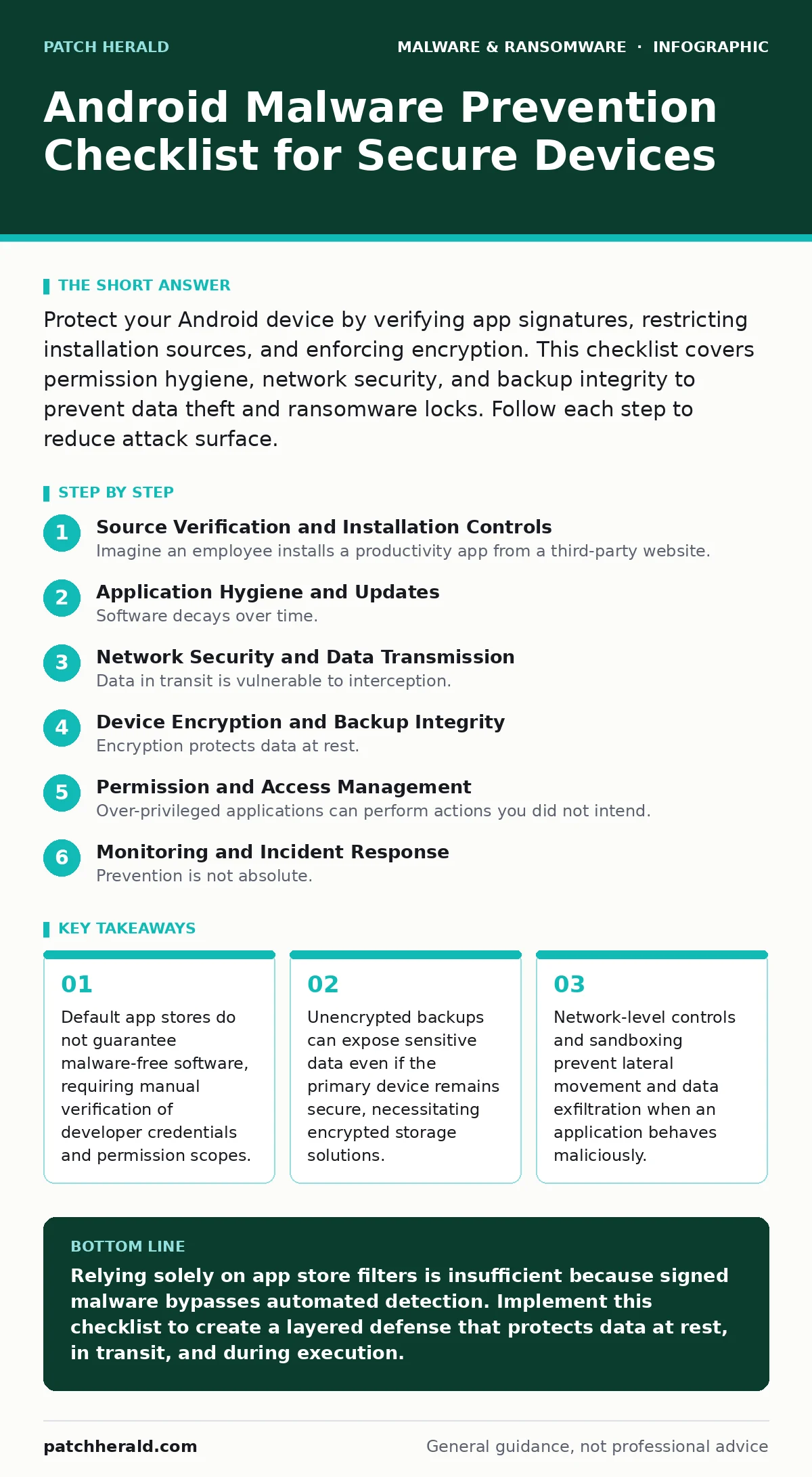 Infographic: Android Malware Prevention Checklist for Secure Devices. Default app stores do not guarantee malware-free software, requiring manual verification of developer credentials and permission scopes. Unencrypted backups can expose sensitive data even if the primary device remains secure, nece
