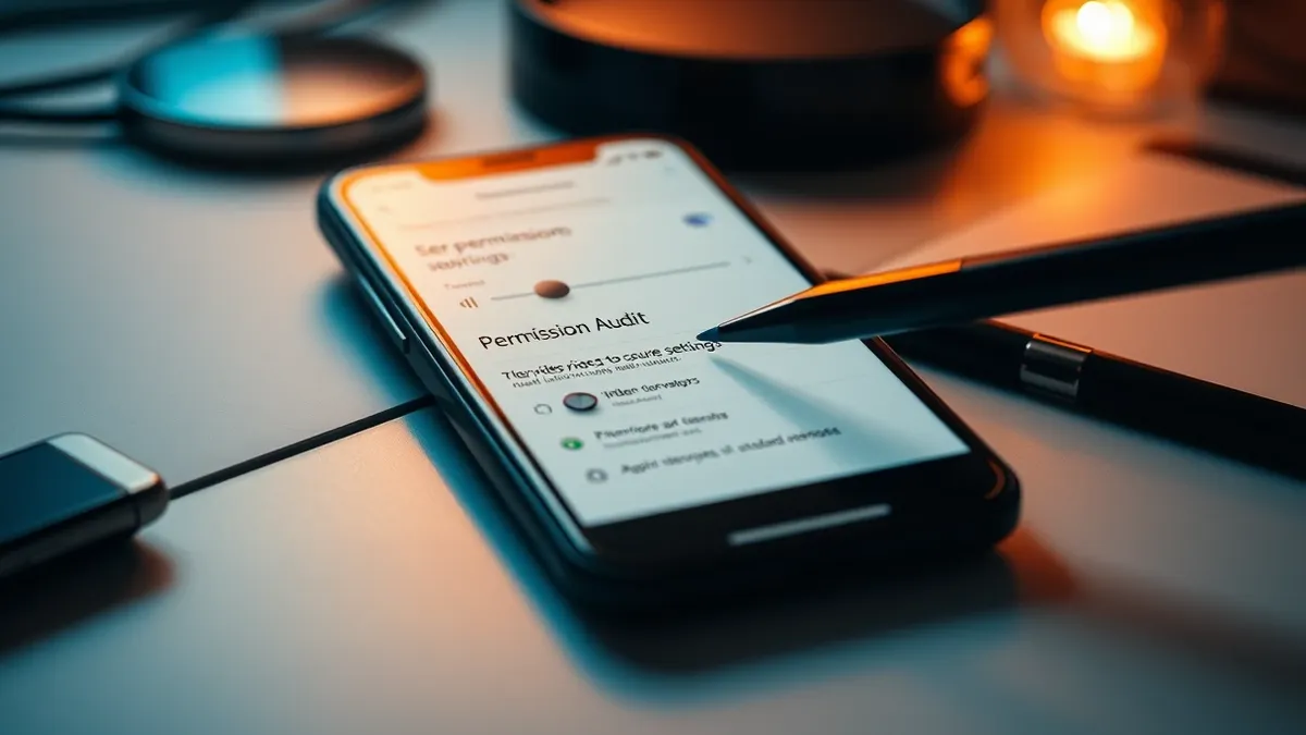 Illustration: A smartphone rests on a desk with its screen displaying a permission audit interface featuring abstract toggle switches and warning icons.