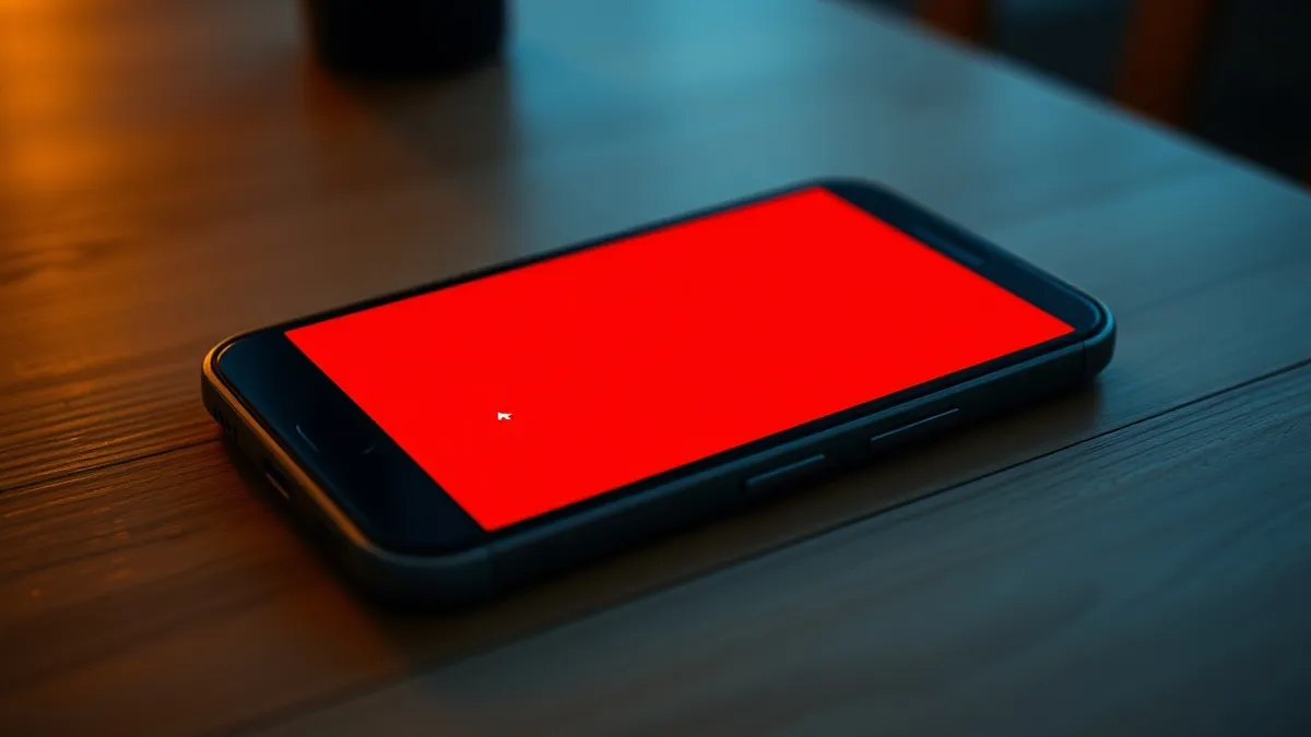 Illustration: A smartphone rests on a wooden table, its screen filled with solid red and urgent geometric shapes that block all underlying interface elements.