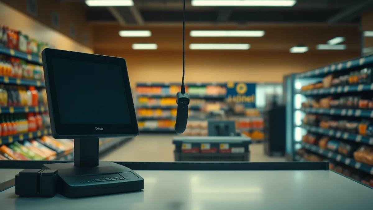 Illustration: A supermarket checkout counter sits empty and silent.