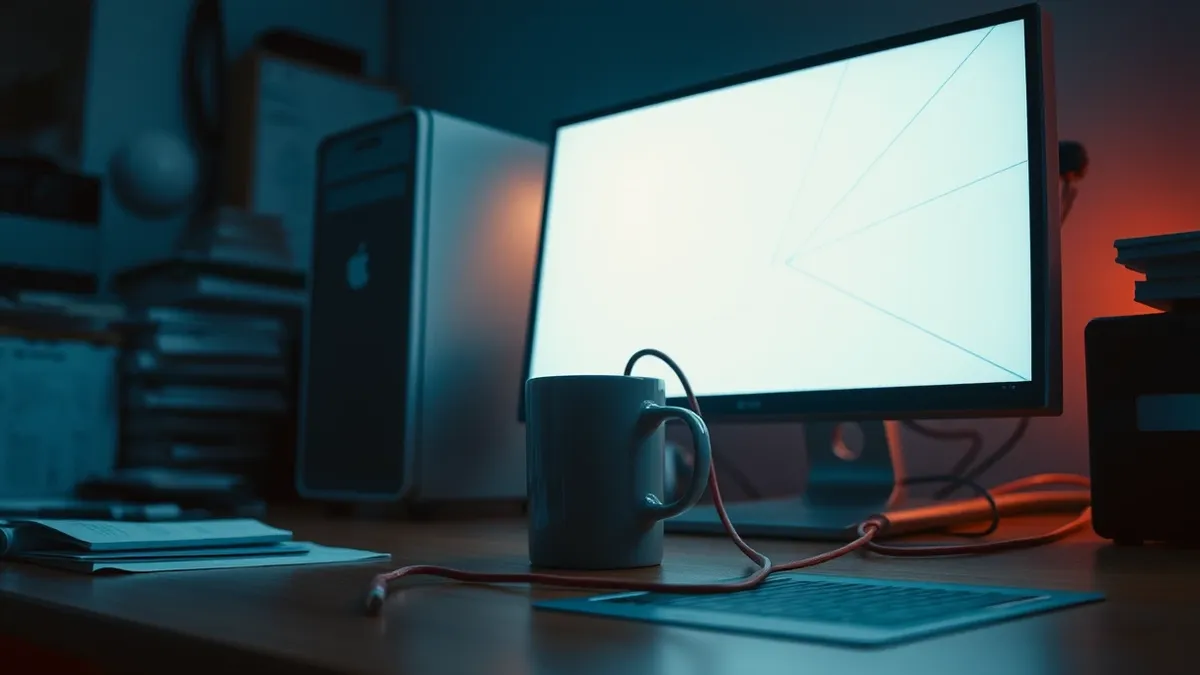 Illustration: A silver desktop computer sits on a cluttered office desk, its screen displaying a blank white interface with faint blue geometric lines.