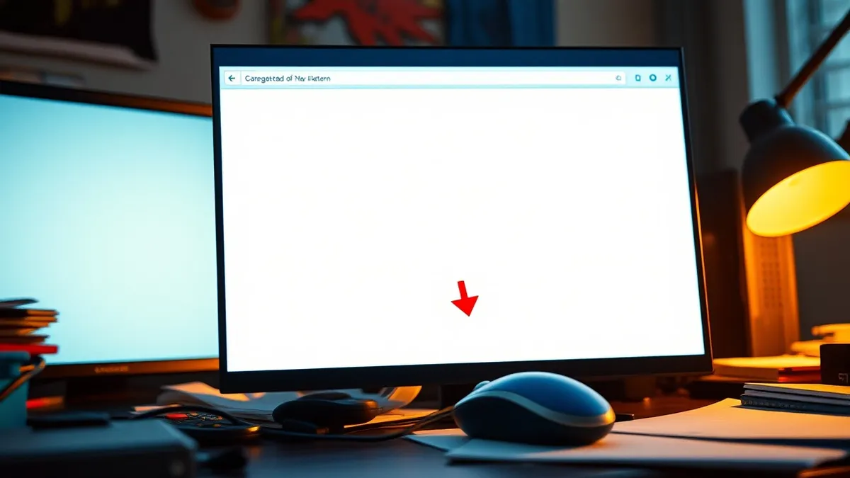 Illustration: A web browser window sits open on a cluttered desk, its screen displaying a blank white page with a single red arrow pointing downward toward a generic blue mouse.