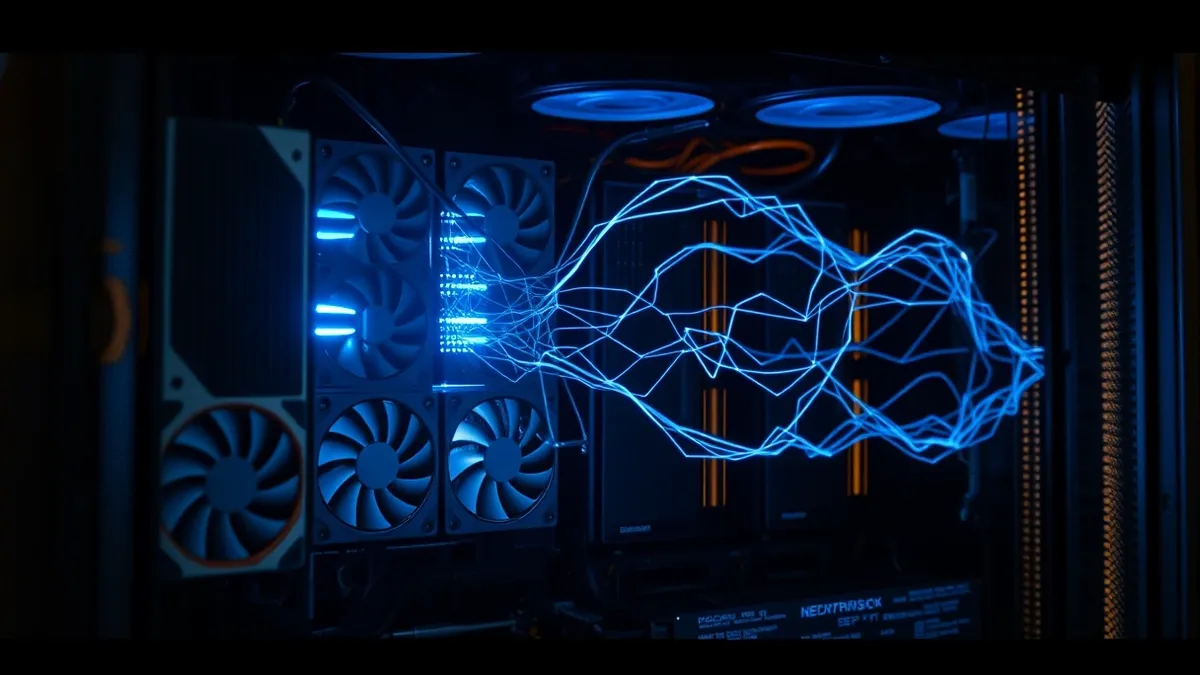 Illustration: A cluster of generic graphics cards sits in a sleek black server chassis.