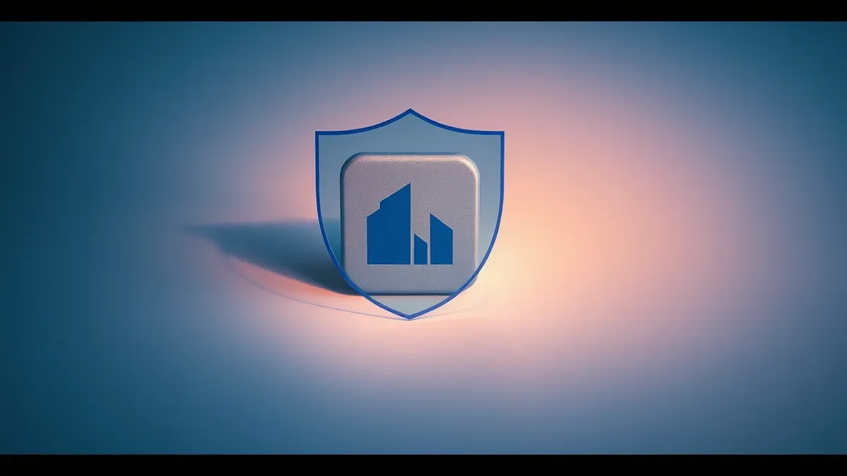 Illustration: A single gray software application icon sits on a clean white surface, partially obscured by a translucent blue shield overlay.