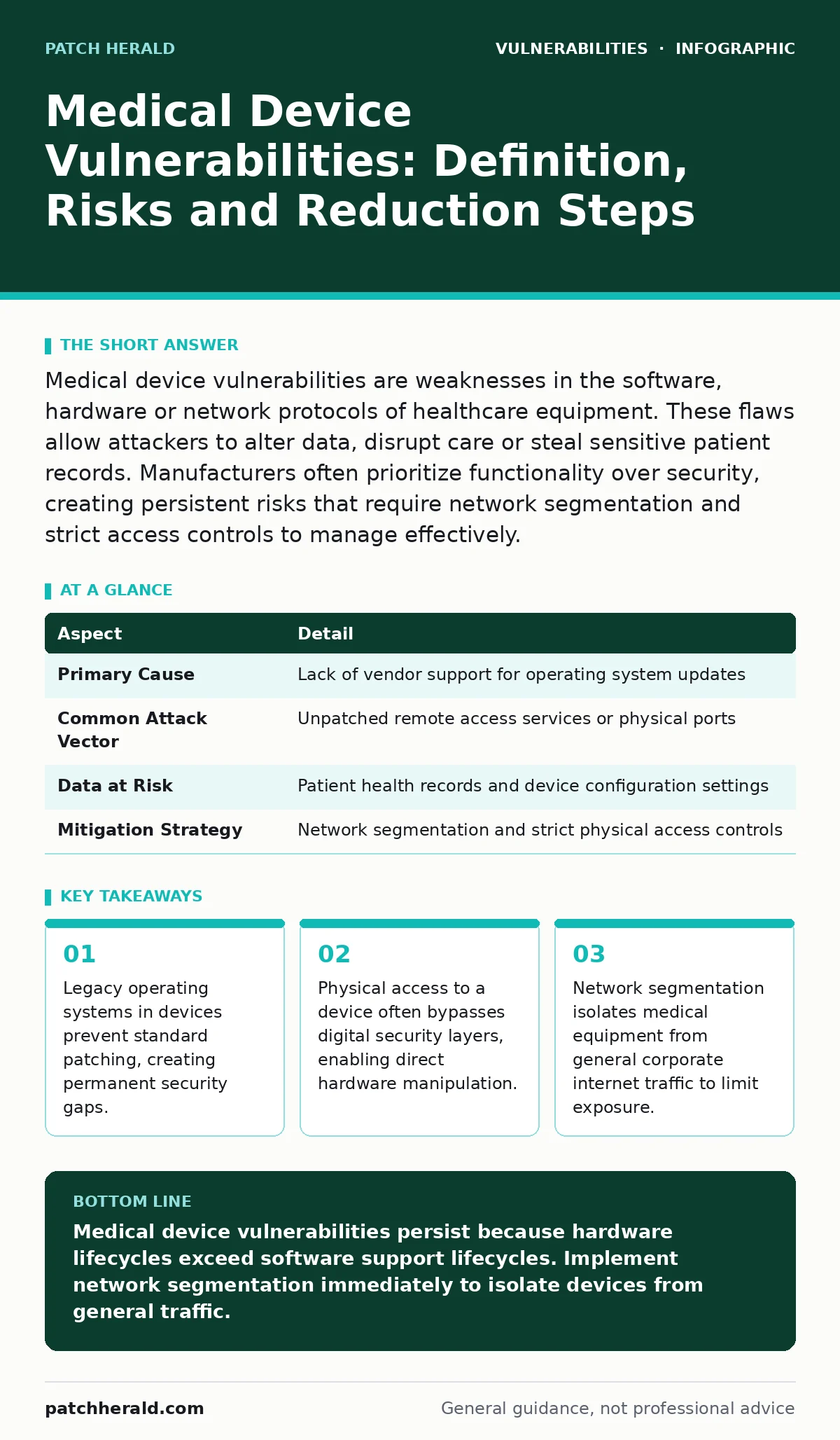 Infographic: Medical Device Vulnerabilities: Definition, Risks and Reduction Steps. Legacy operating systems in devices prevent standard patching, creating permanent security gaps. Physical access to a device often bypasses digital security layers, enabling direct hardware manipulation. Network segm