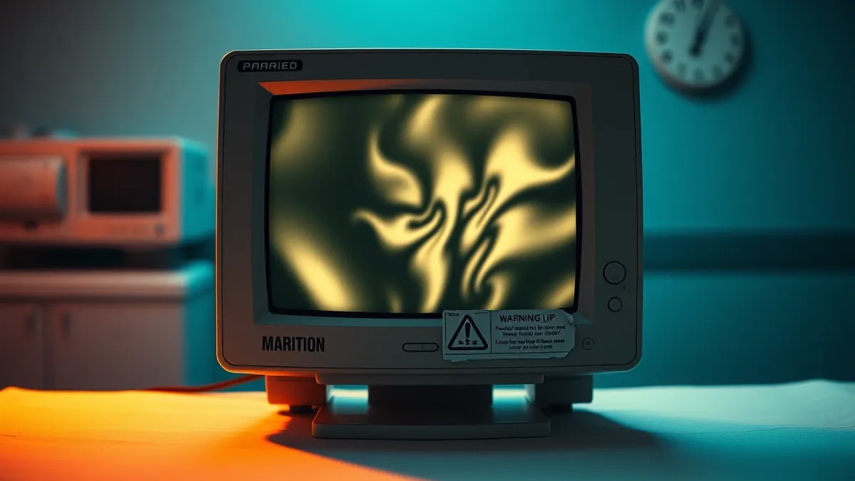 Illustration: A vintage medical monitor sits on a sterile table, its screen displaying a static abstract pattern.