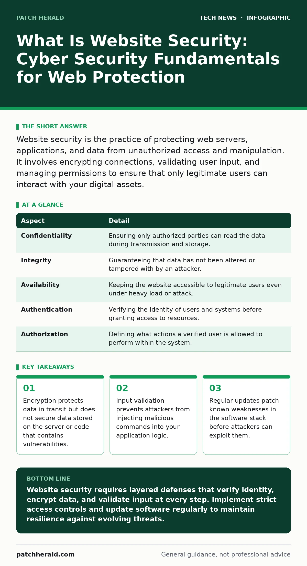 Infographic: What Is Website Security: Cyber Security Fundamentals for Web Protection. Encryption protects data in transit but does not secure data stored on the server or code that contains vulnerabilities. Input validation prevents attackers from injecting malicious commands into your application