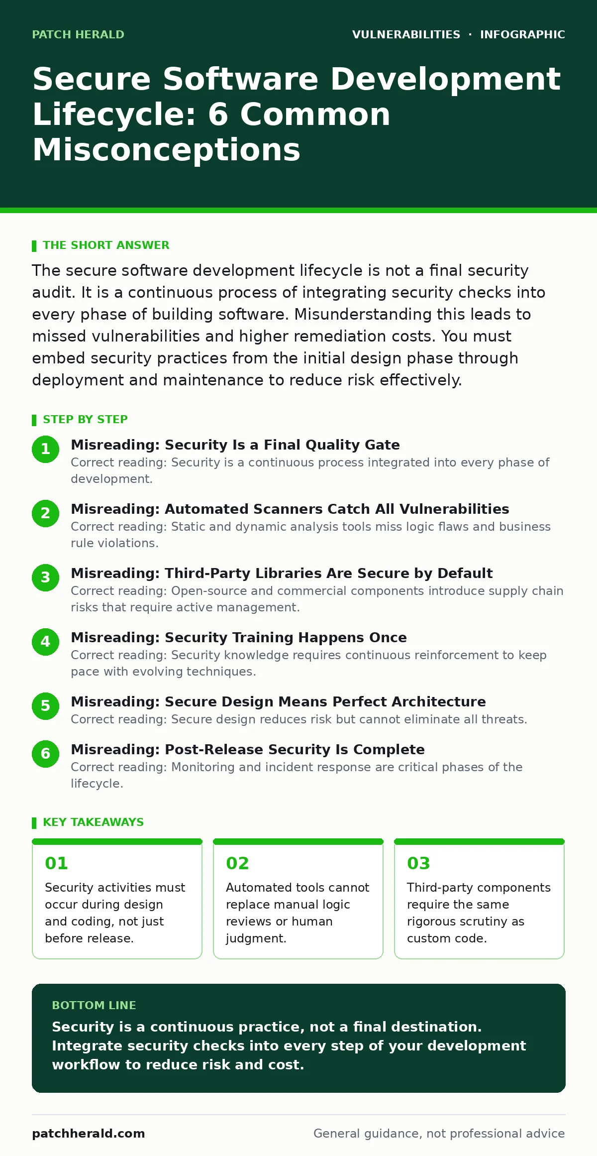 Infographic: Secure Software Development Lifecycle: 6 Common Misconceptions. Security activities must occur during design and coding, not just before release. Automated tools cannot replace manual logic reviews or human judgment. Third-party components require the same rigorous scrutiny as custom co