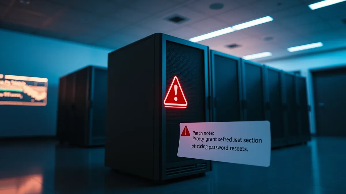 Illustration: A sleek database server sits in a quiet room while a red warning icon hovers over its interface panel.