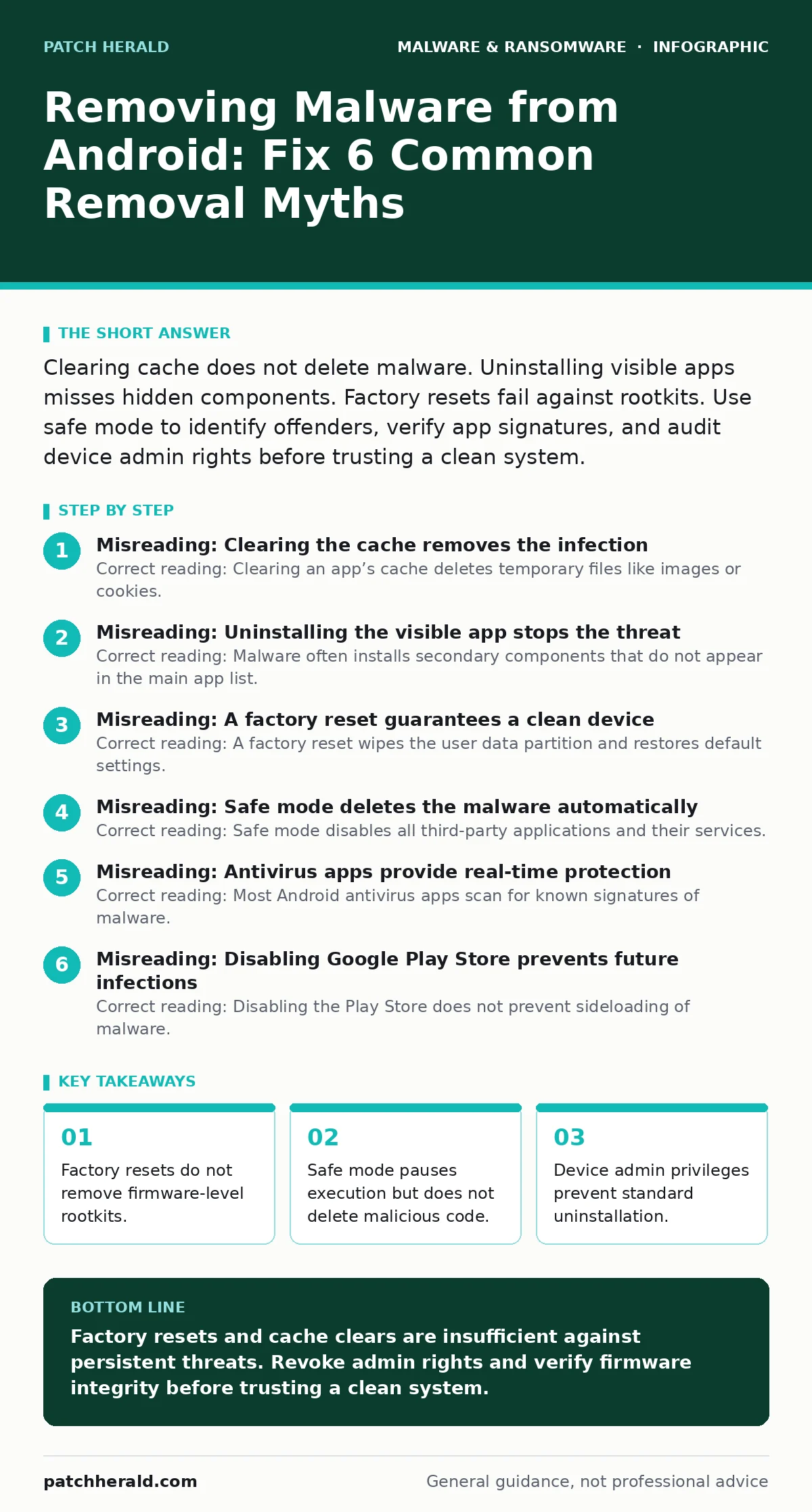 Infographic: Removing Malware from Android: Fix 6 Common Removal Myths. Factory resets do not remove firmware-level rootkits. Safe mode pauses execution but does not delete malicious code. Device admin privileges prevent standard uninstallation.