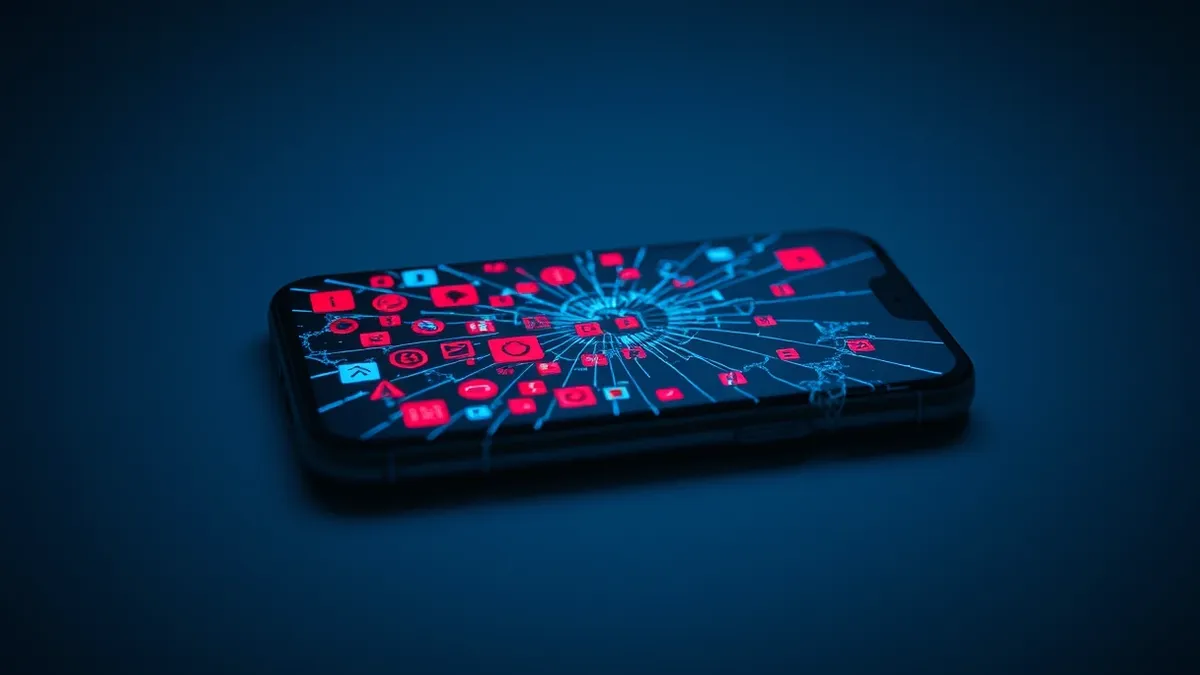 Illustration: A cracked smartphone screen displays a tangled web of red warning icons over a blank gray background.