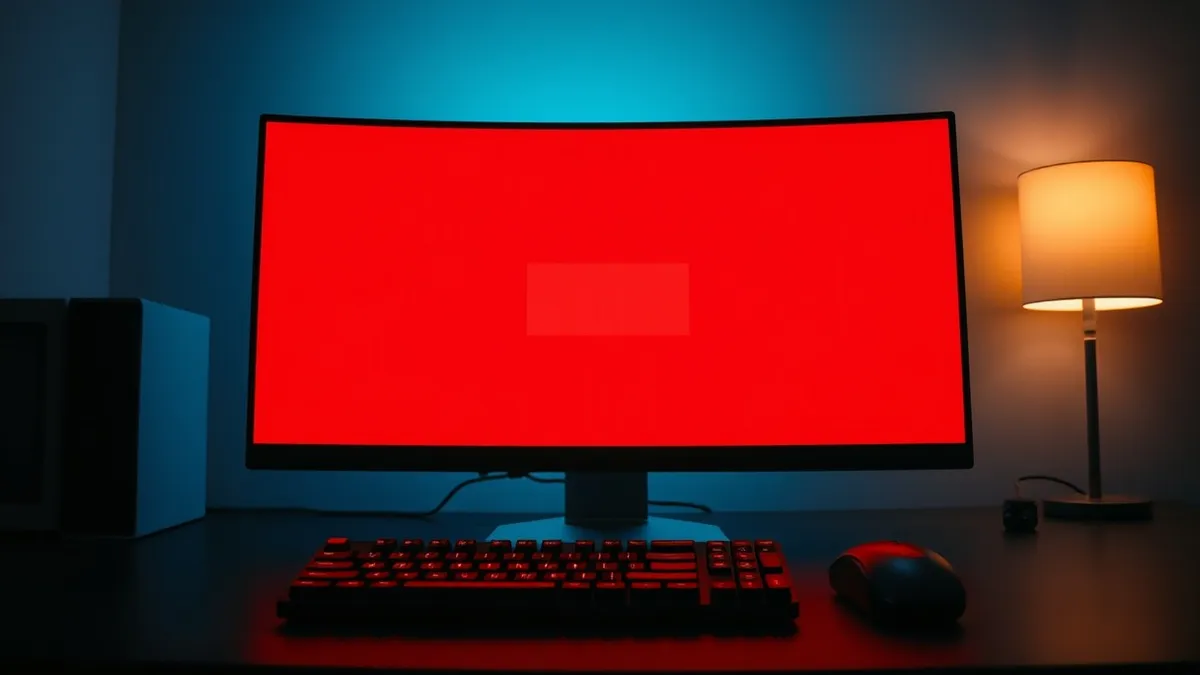 Illustration: A desktop computer monitor displays a solid opaque red overlay covering the entire screen.