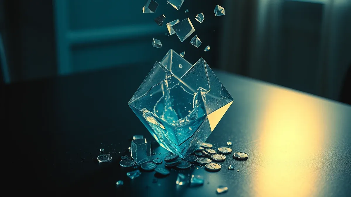 Illustration: A cracked glass prism sits on a dark table, leaking shimmering liquid tokens from its fractured base.
