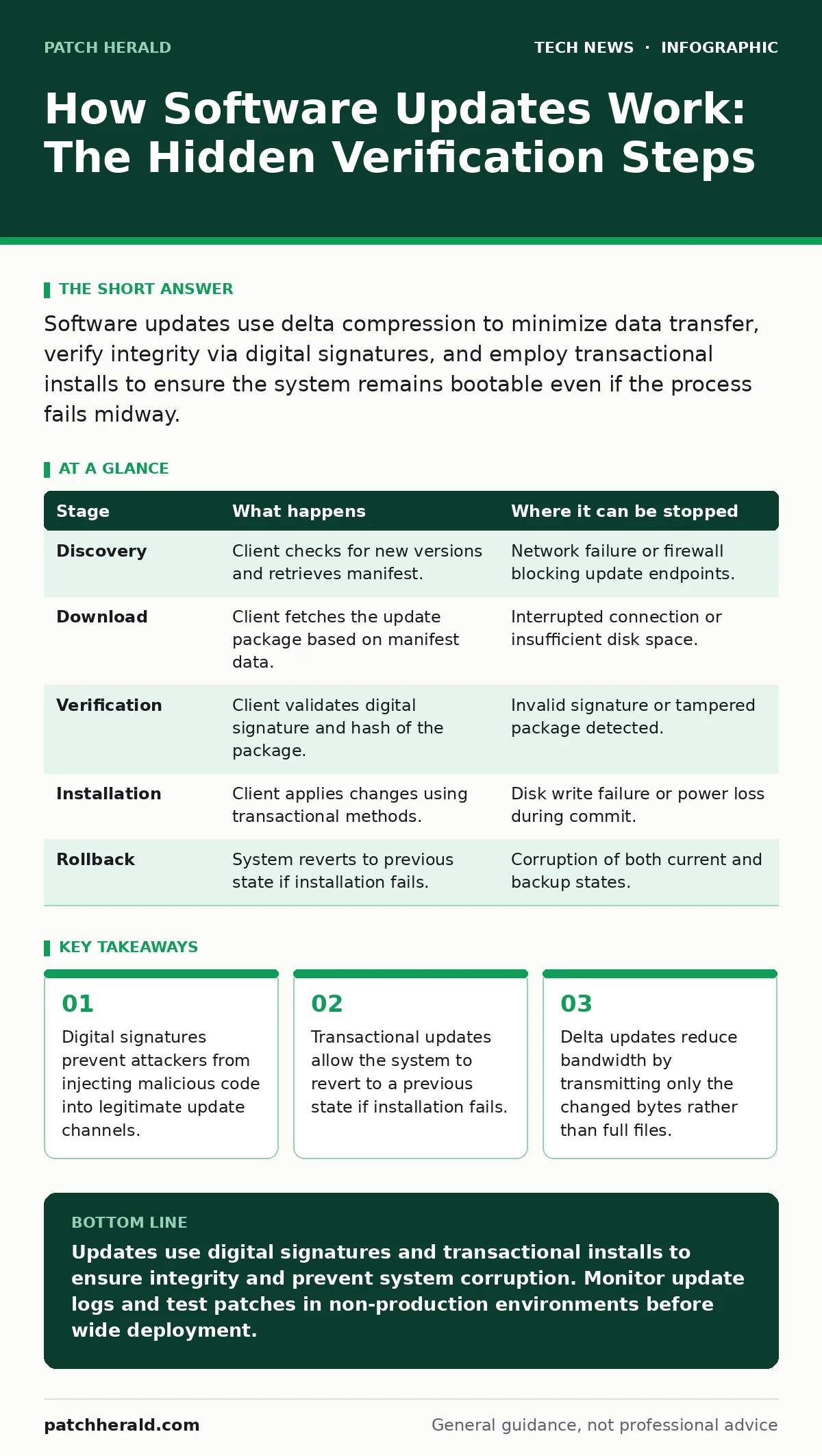 Infographic: How Software Updates Work: The Hidden Verification Steps. Digital signatures prevent attackers from injecting malicious code into legitimate update channels. Transactional updates allow the system to revert to a previous state if installation fails. Delta updates reduce bandwidth by tra