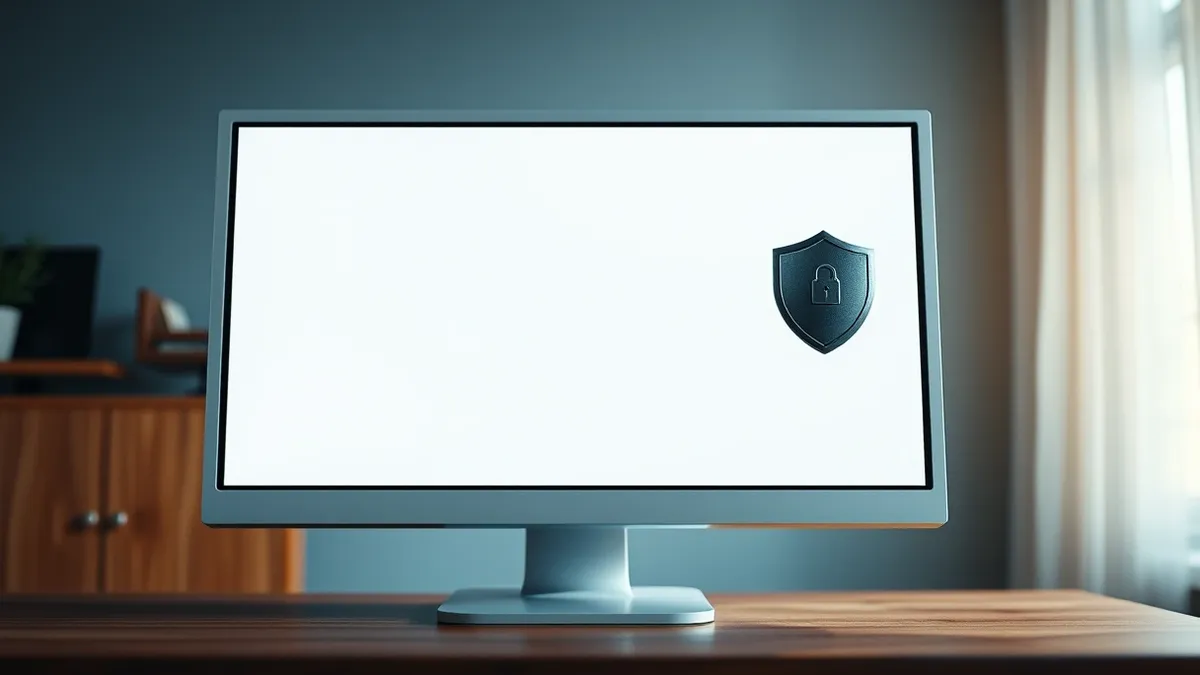 Illustration: A clean white desktop monitor sits on a wooden desk, displaying only abstract geometric shapes on its screen.