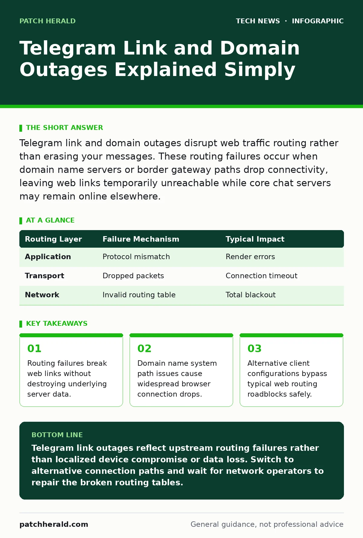 Infographic: Telegram Link and Domain Outages Explained Simply. Routing failures break web links without destroying underlying server data. Domain name system path issues cause widespread browser connection drops. Alternative client configurations bypass typical web routing roadblocks safely.