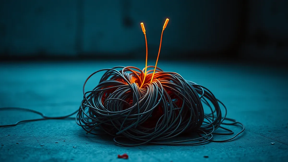 Illustration: A tangled ball of fiber optic cables sits on a concrete floor, with one thick strand snapped cleanly in half.
