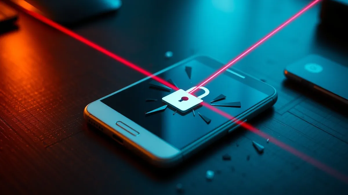 Illustration: A sleek white smartphone rests on a dark wooden desk, its screen displaying a generic login interface with a single prominent button.