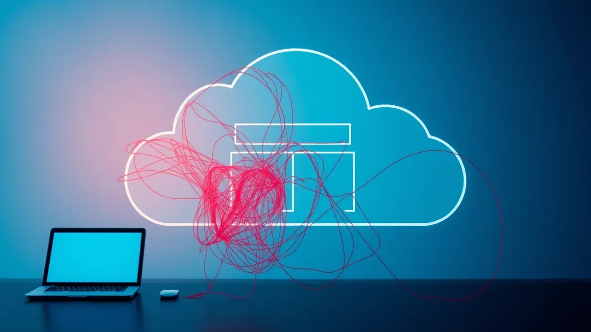 Illustration: A pristine cloud architecture diagram slowly deforms as tangled red threads weave through the clean blue lines.