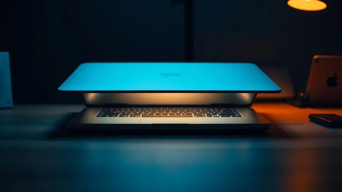 Illustration: A sleek laptop sits closed on a wooden desk, its surface reflecting soft ambient light.