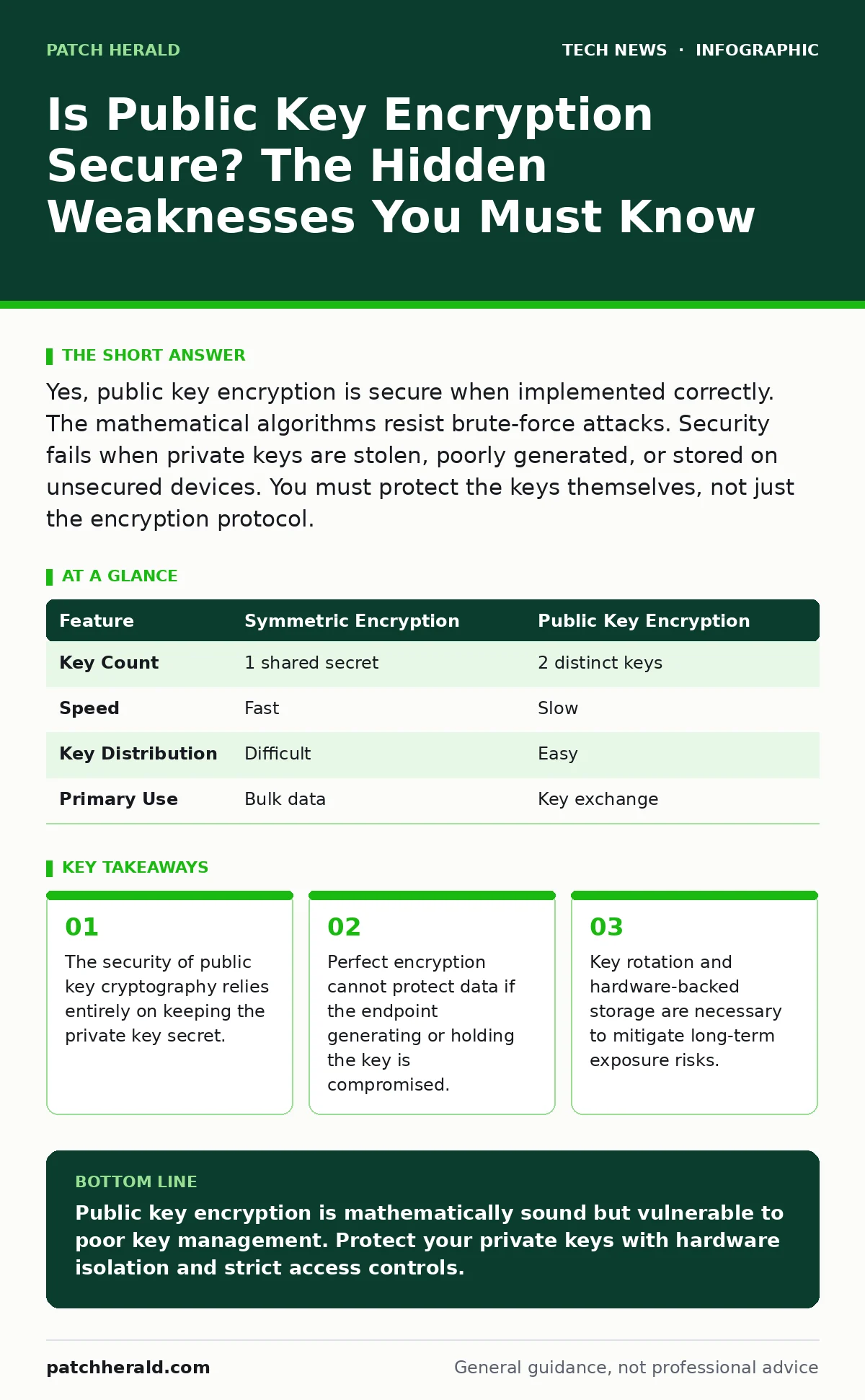 Infographic: Is Public Key Encryption Secure? The Hidden Weaknesses You Must Know. The security of public key cryptography relies entirely on keeping the private key secret. Perfect encryption cannot protect data if the endpoint generating or holding the key is compromised. Key rotation and hardware