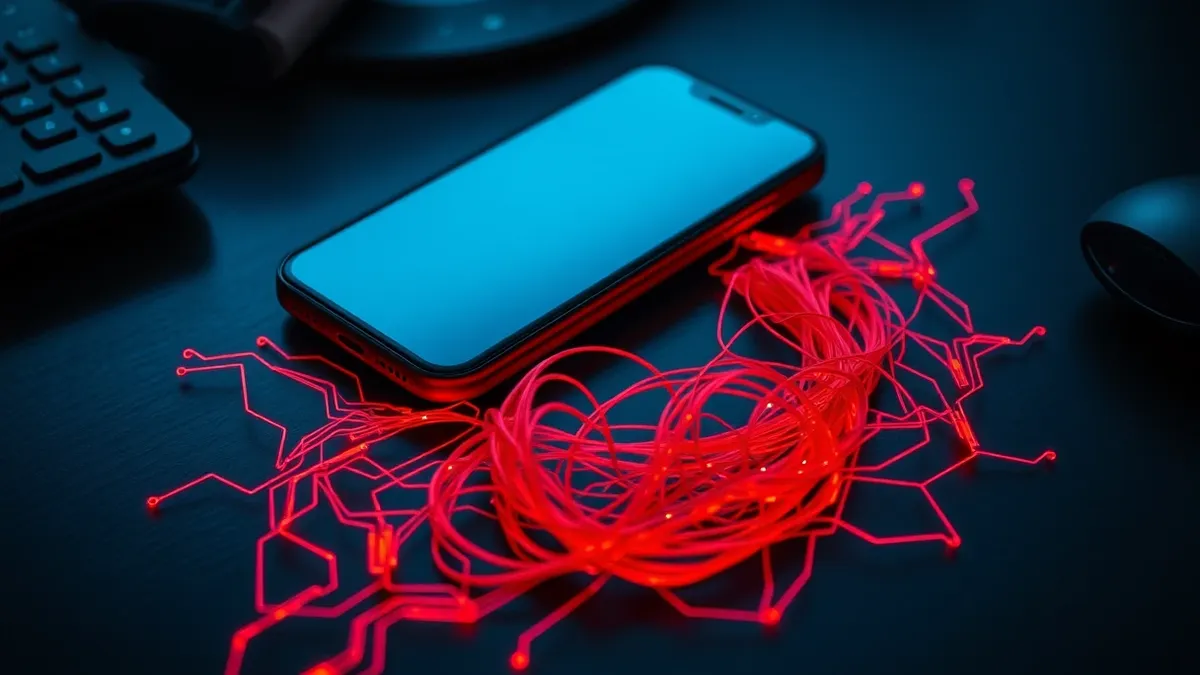 Illustration: A sleek smartphone rests on a dark desk, its screen displaying a blank image gallery interface.