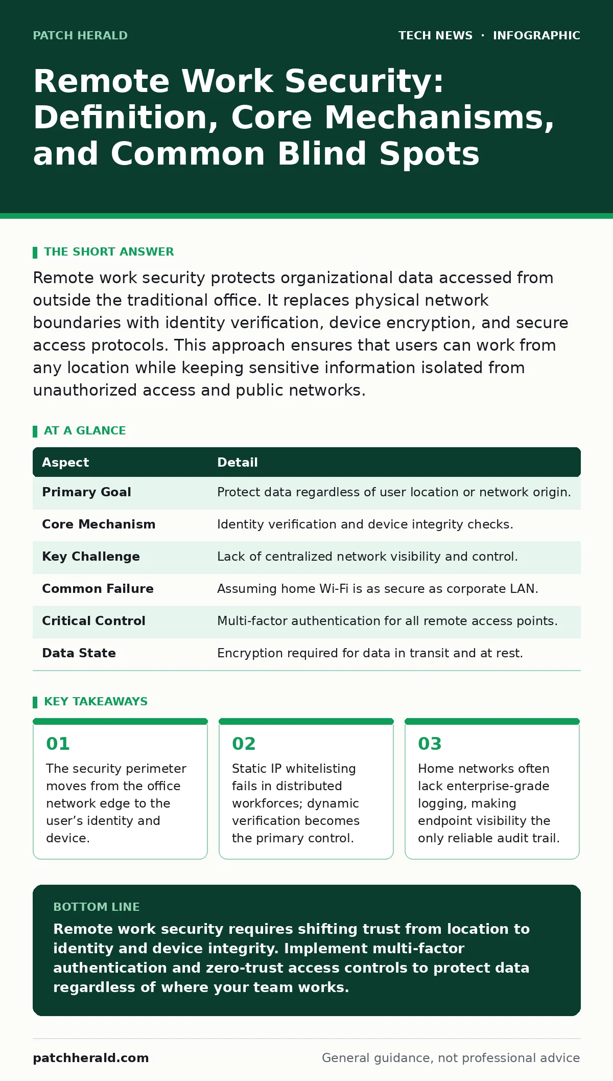 Infographic: Remote Work Security: Definition, Core Mechanisms, and Common Blind Spots. The security perimeter moves from the office network edge to the user’s identity and device. Static IP whitelisting fails in distributed workforces; dynamic verification becomes the primary control. Home networks