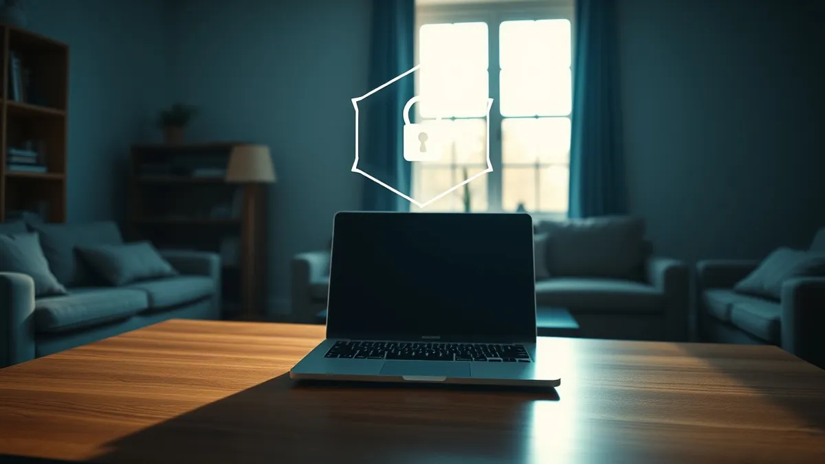 Illustration: A solitary laptop rests on a wooden desk in a sunlit living room.