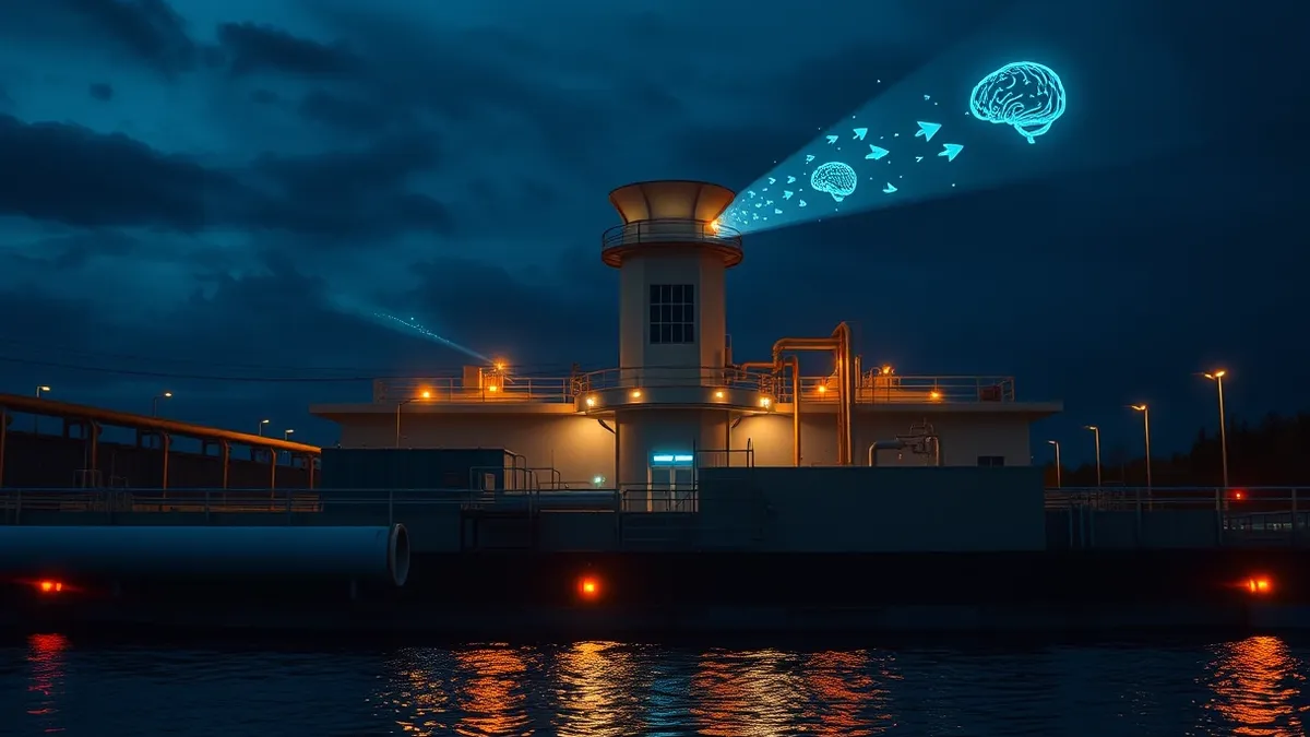 Illustration: A stylized water treatment facility with large pipes stands under a dark sky.