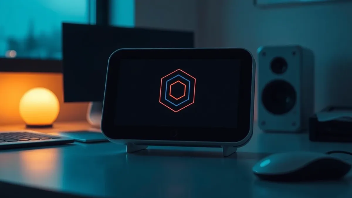 Illustration: A sleek artificial intelligence assistant device sits on a modern desk, its screen displaying a single abstract geometric shape that pulses with a faint, sinister red