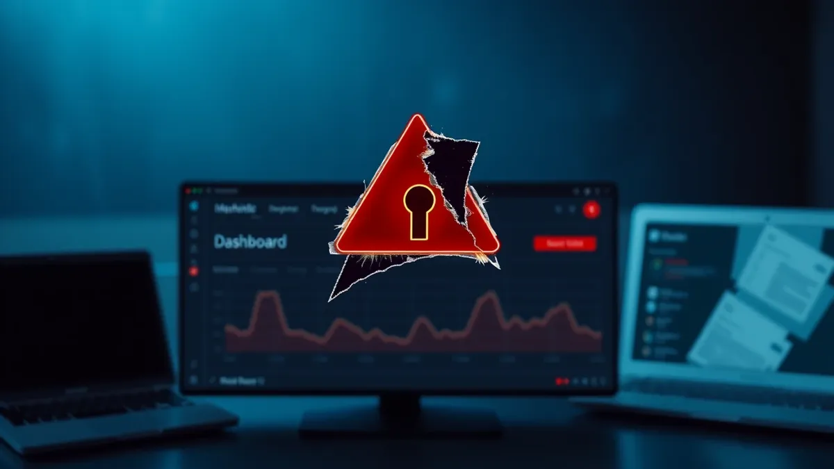 Illustration: A sleek, generic dashboard interface floats in mid-air with a prominent red warning triangle hovering over the top bar.
