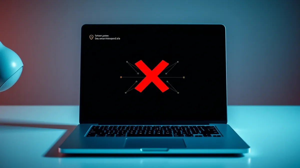 Illustration: A sleek modern laptop sits open on a clean white desk with its screen displaying only a large bold red X superimposed over abstract geometric connection lines.