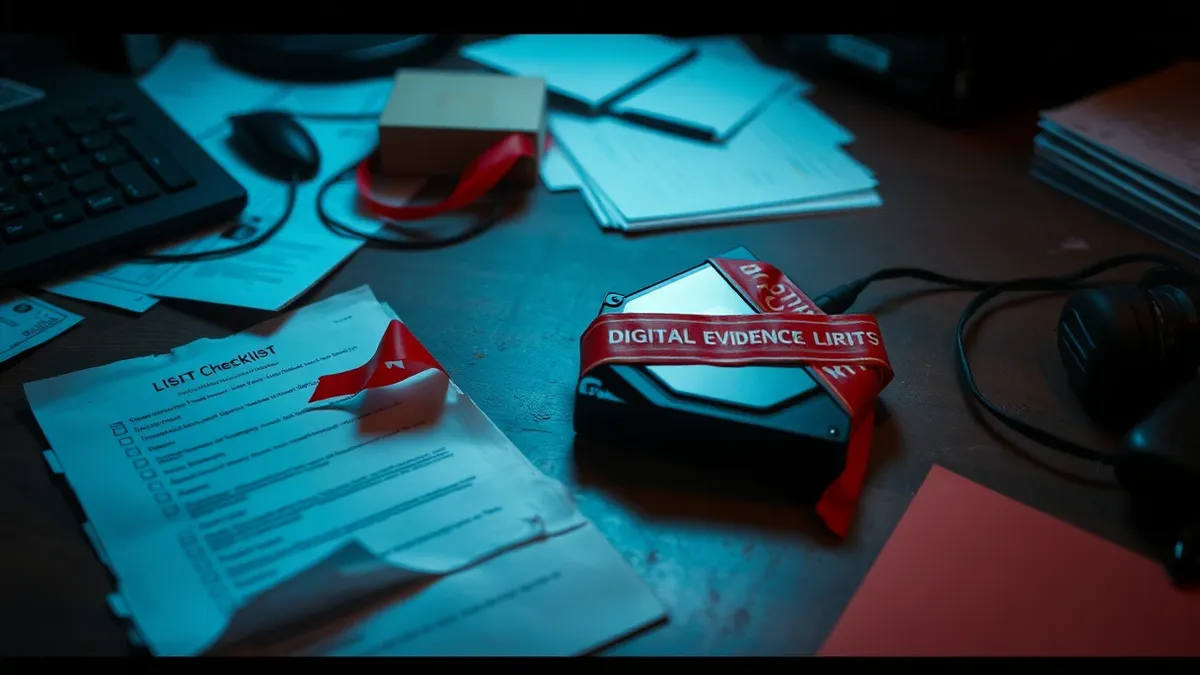 Illustration: A chaotic desk scene shows a torn checklist lying next to a preserved digital evidence bag and a disconnected hard drive.