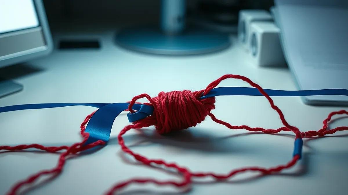 Illustration: A tangled knot of red yarn sits on a white desk, blocking the smooth flow of a blue ribbon.