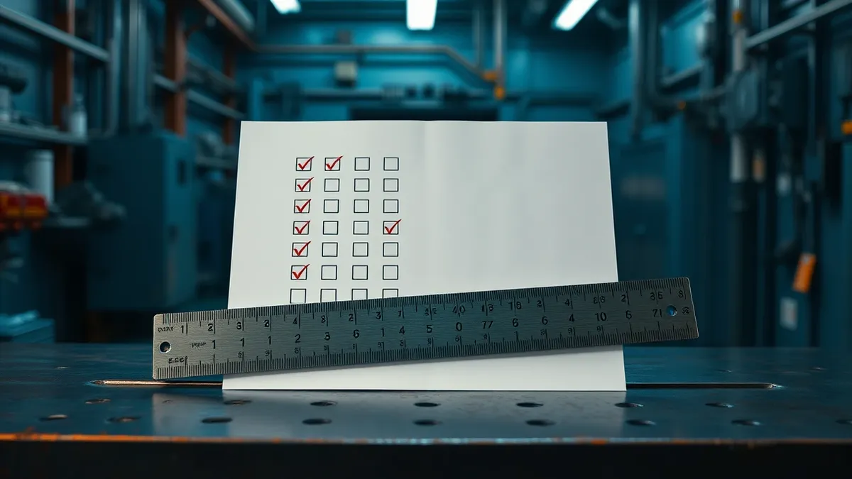 Illustration: A single white compliance checklist rests on a steel workbench inside a secure defense facility.