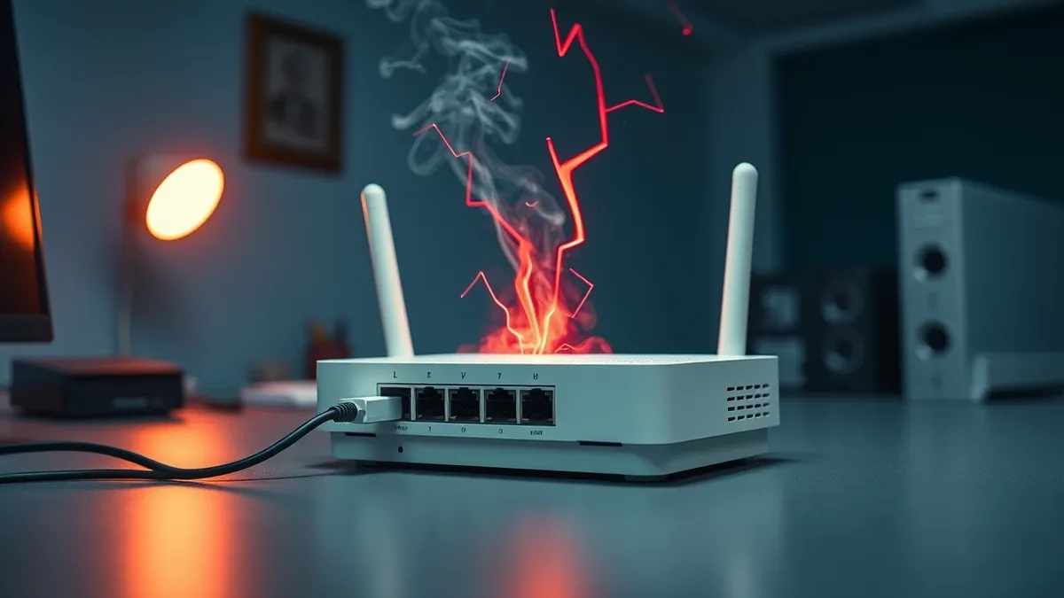Illustration: A white network router sits on a gray desk with a single ethernet cable plugged into its port.