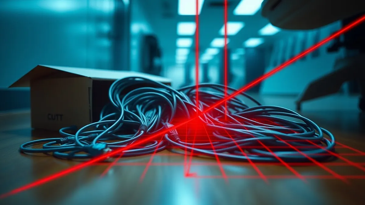 Illustration: A tangled knot of grey ethernet cables spills from a cardboard box onto a polished office floor.