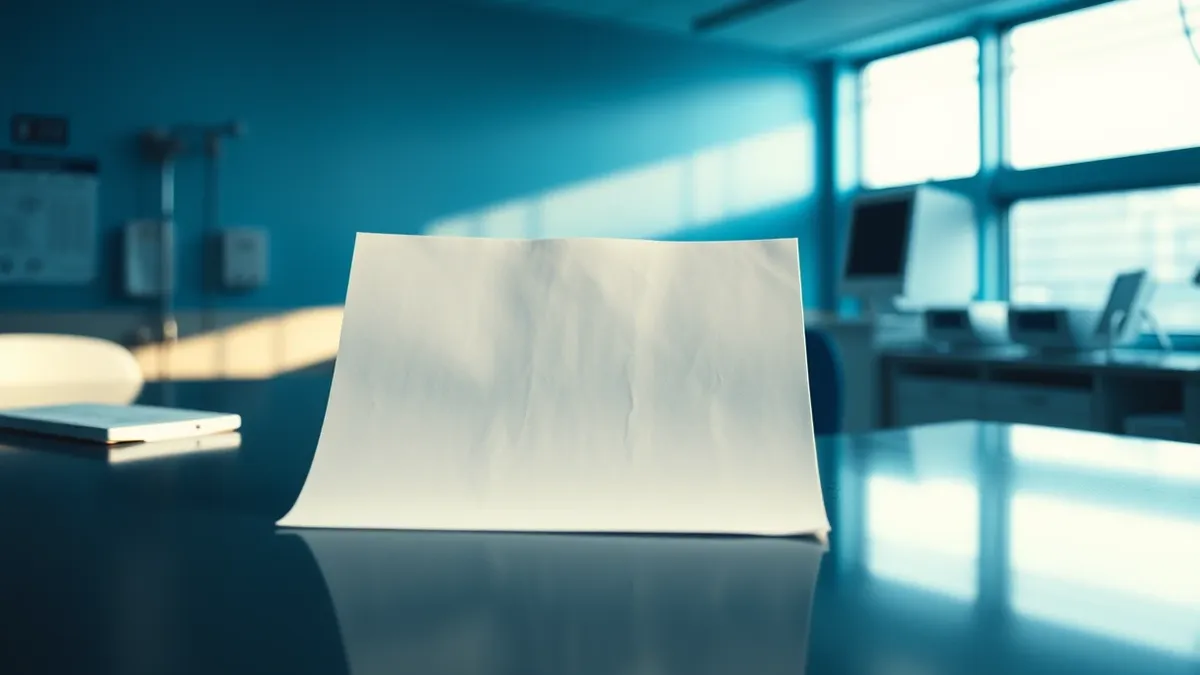 Illustration: A solitary paper medical chart rests on a sterile stainless steel hospital desk.