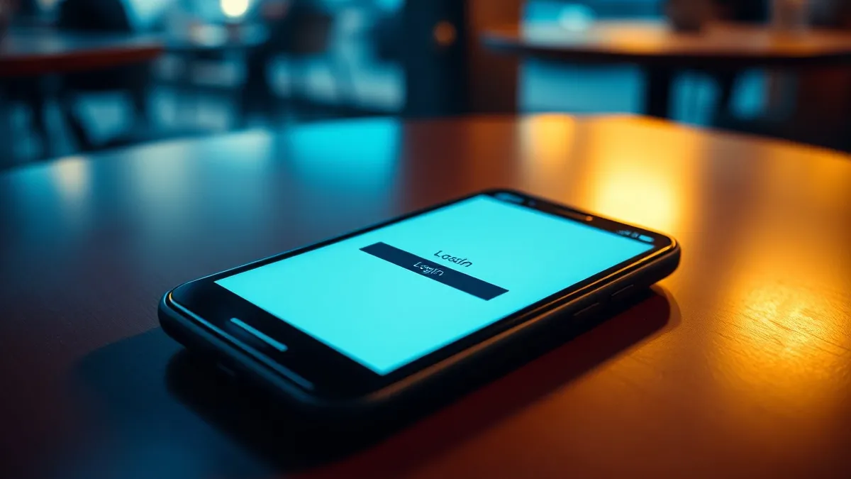 Illustration: A smartphone rests on a cafe table, its screen glowing with a blank login form.