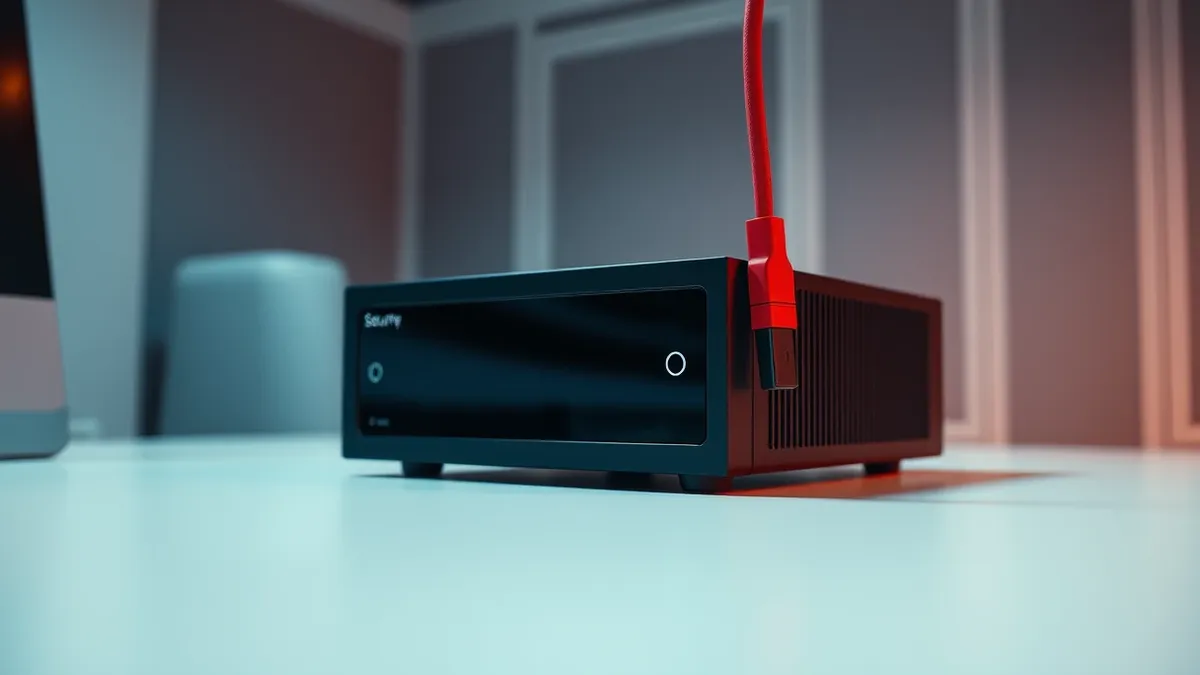 Illustration: A sleek black security appliance sits on a clean white desk.