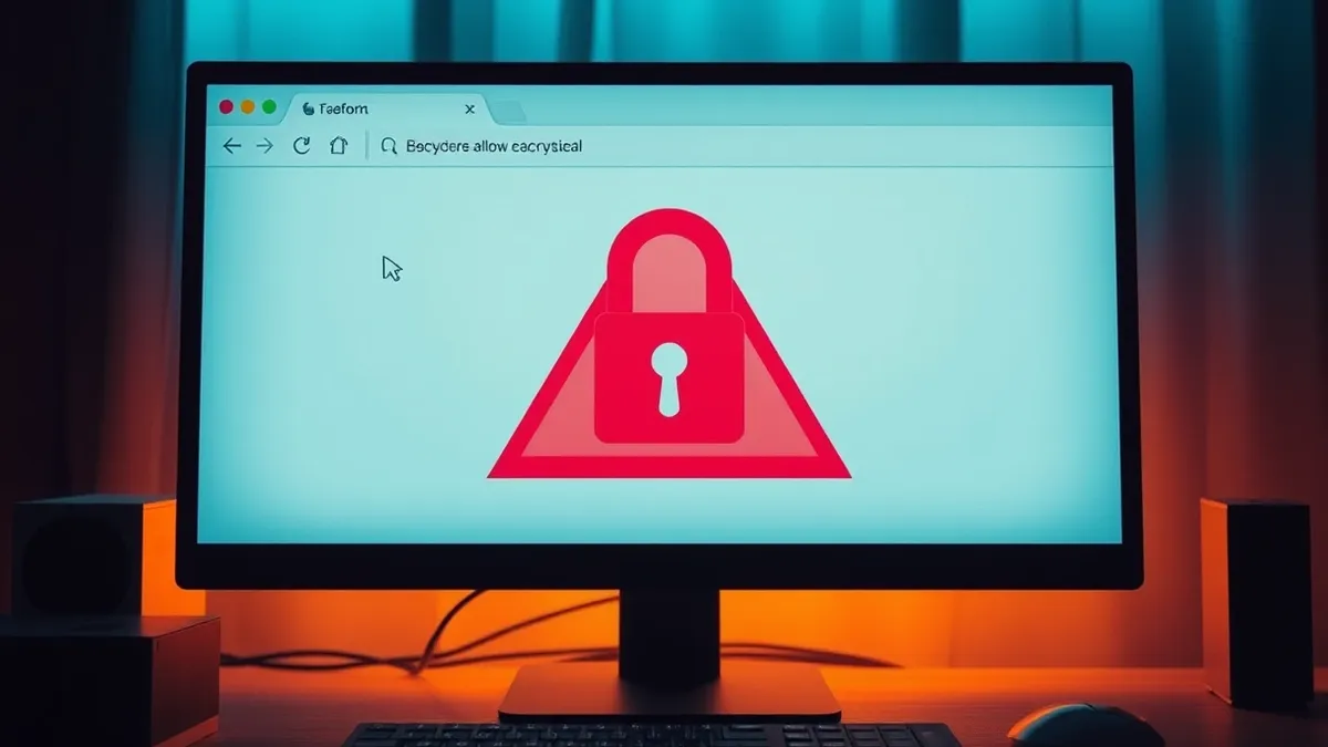 Illustration: A computer monitor displays a web browser window with a prominent padlock icon in the address bar, while a large red warning symbol overlays the blank webpage content