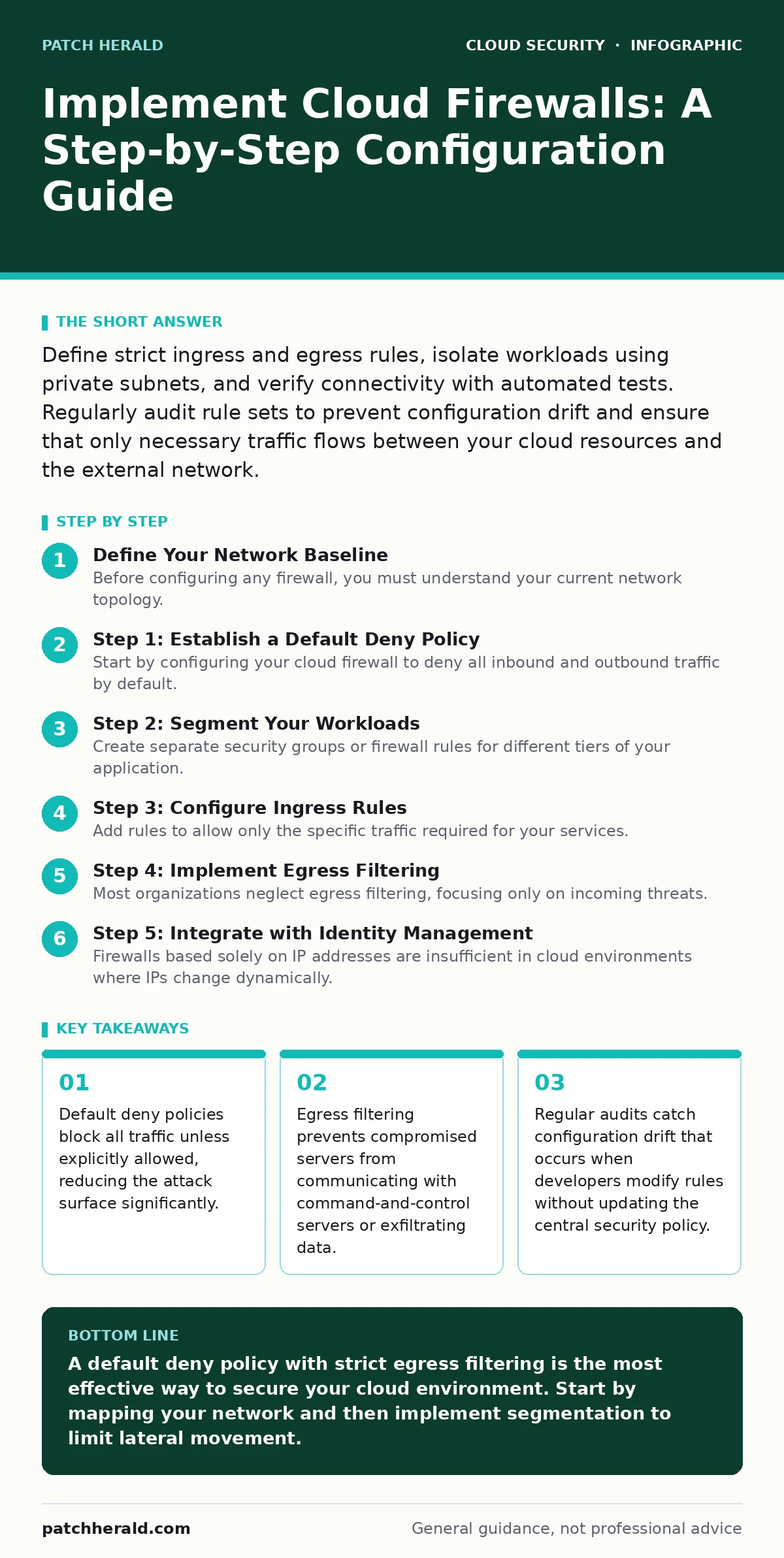 Infographic: Implement Cloud Firewalls: A Step-by-Step Configuration Guide. Default deny policies block all traffic unless explicitly allowed, reducing the attack surface significantly. Egress filtering prevents compromised servers from communicating with command-and-control servers or exfiltrating